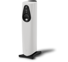 Alpine white Linn 343 floor-standing reference speaker with black drivers and a sculpted base for home audio systems.
