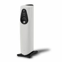 Alpine white Linn 343 floor-standing reference speaker with a black driver array and sturdy base.