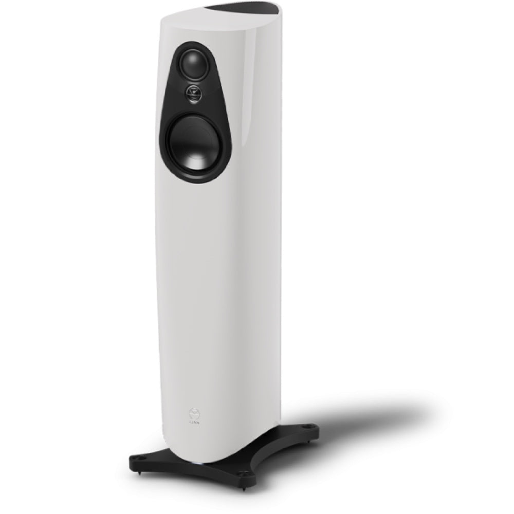 Alpine white Linn 343 floor-standing speaker with a black driver array and sculpted base for home audio systems.