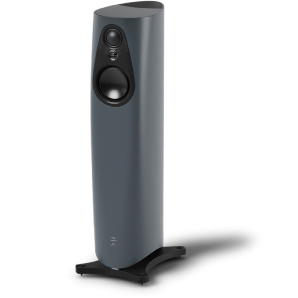 Tall charcoal-gray floor-standing Linn speaker with a rounded cabinet, two front drivers, and a black base for home audio.