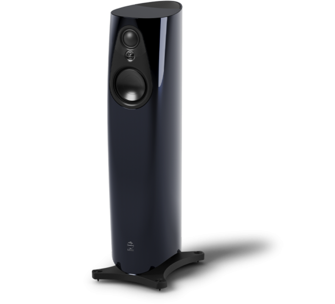 Sleek piano-black Linn 343 floor-standing reference speaker with curved cabinet and front-facing drivers.