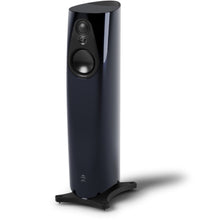 Sleek dark Linn 343 floor-standing speaker with a curved cabinet, two visible drivers, and a sturdy base.