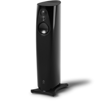 Sleek black Linn 343 floor-standing speaker with a curved cabinet and visible drivers for premium home audio systems.
