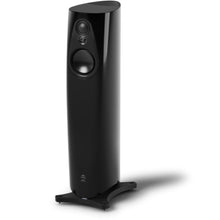 Sleek black Linn 343 floor-standing speaker with a curved cabinet, visible drivers, and a sculpted base.