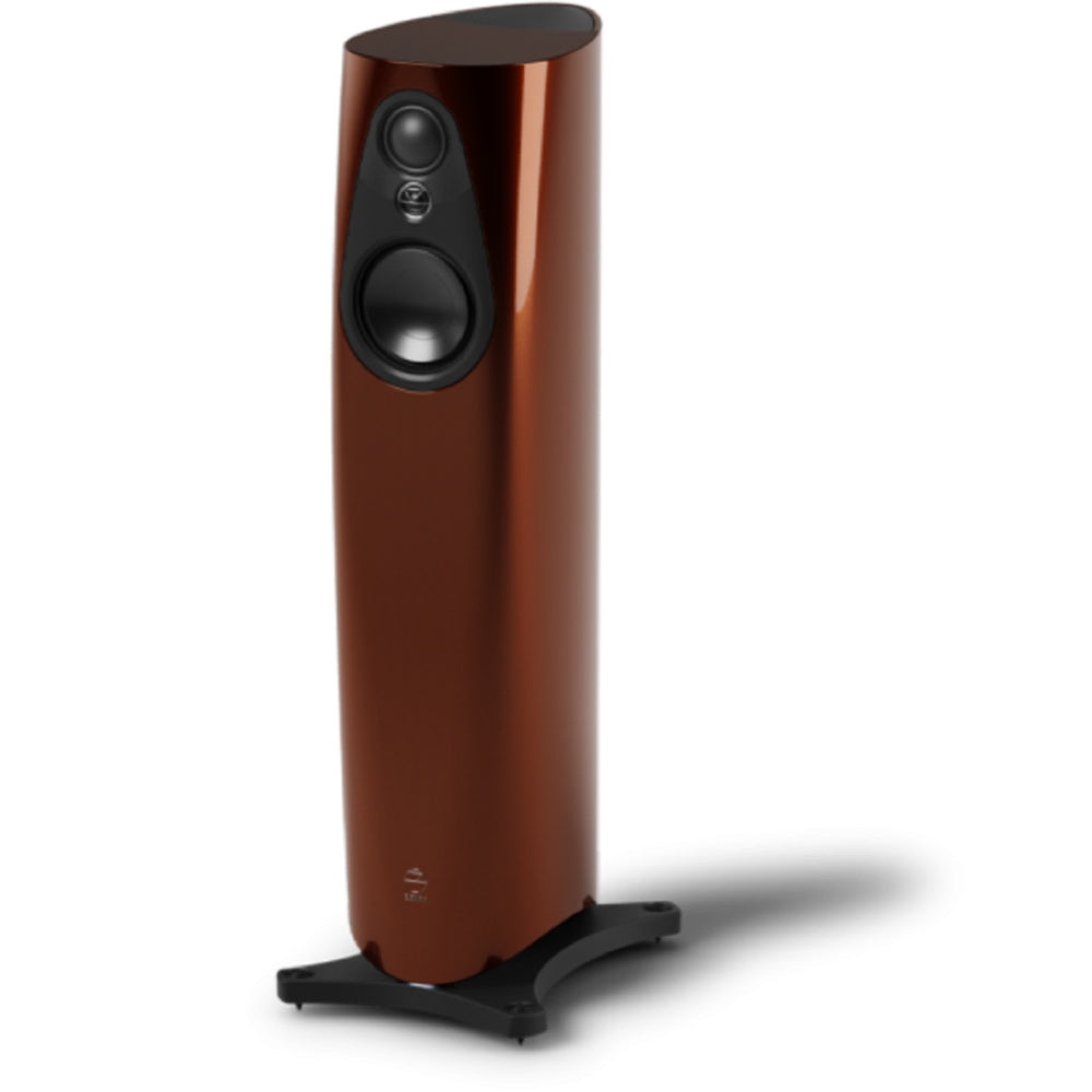 Linn 343 Exakt floor-standing speaker in glossy Single Malt finish with black drivers and base.