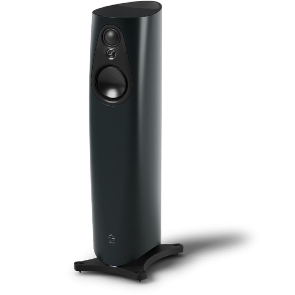 Sleek black Linn 343 floor-standing speaker with a curved cabinet and visible driver for home audio systems.