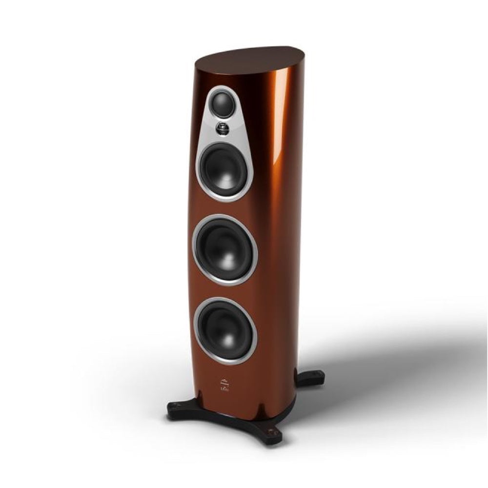 Glossy Single Malt Linn 360 Exakt floor-standing speaker with three visible drivers, designed for home audio systems.