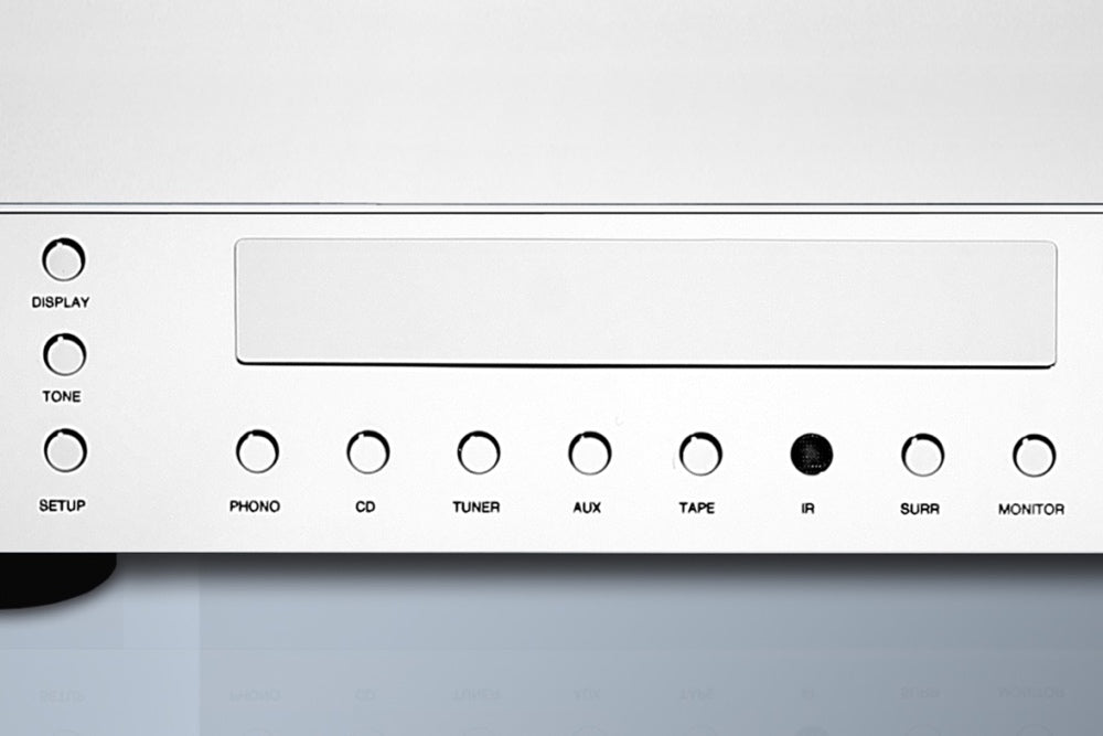 A detail view of a silver Burmester 035 Classic Line Preamplifier sold by Hi-Fi Centre.