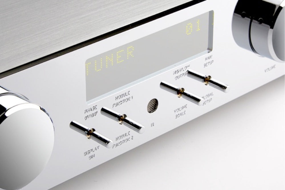 A closeup to the buttons of a  Burmester 088 Top Line Preamplifier sold by HiFi Centre.