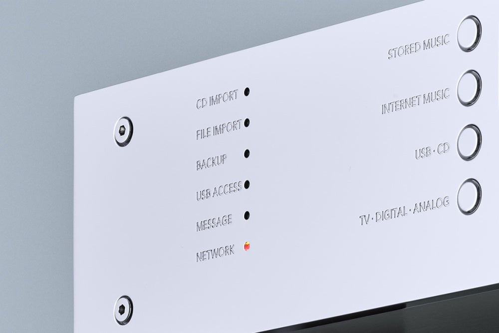 Burmester 151 Top Line Music Center, a silver-colored digital audio player with control buttons - HiFi Centre.