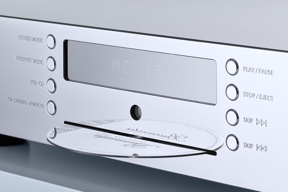 Burmester 151 Top Line Music Center, a silver-colored digital audio player with a front display and control buttons - HiFi Centre.
