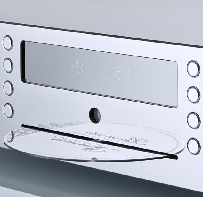 Burmester 151 Top Line Music Center, a silver-colored digital audio player with a front display and control buttons - HiFi Centre.