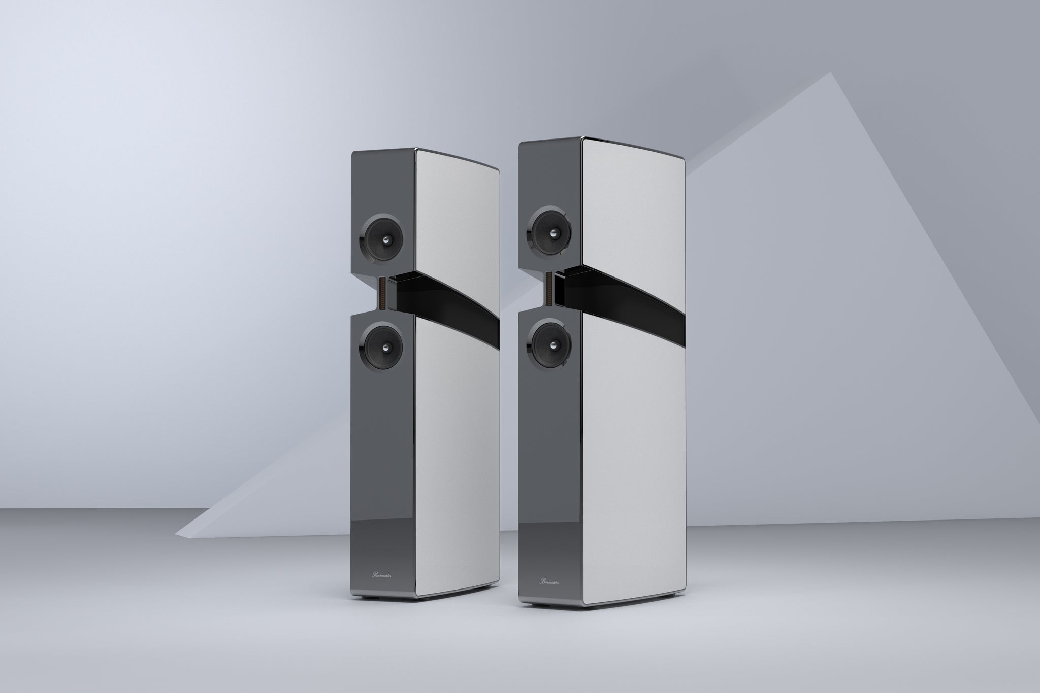 Pair of modern Burmester BX100 Reference Speaker on a gray background