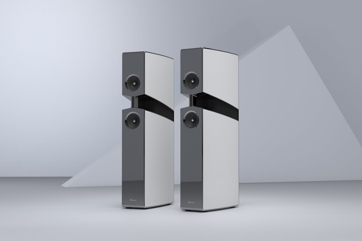 Pair of modern Burmester BX100 Reference Speaker on a gray background