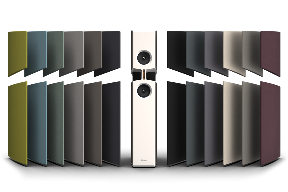 Burmester BX100 Reference Speaker with color swatches on a white background