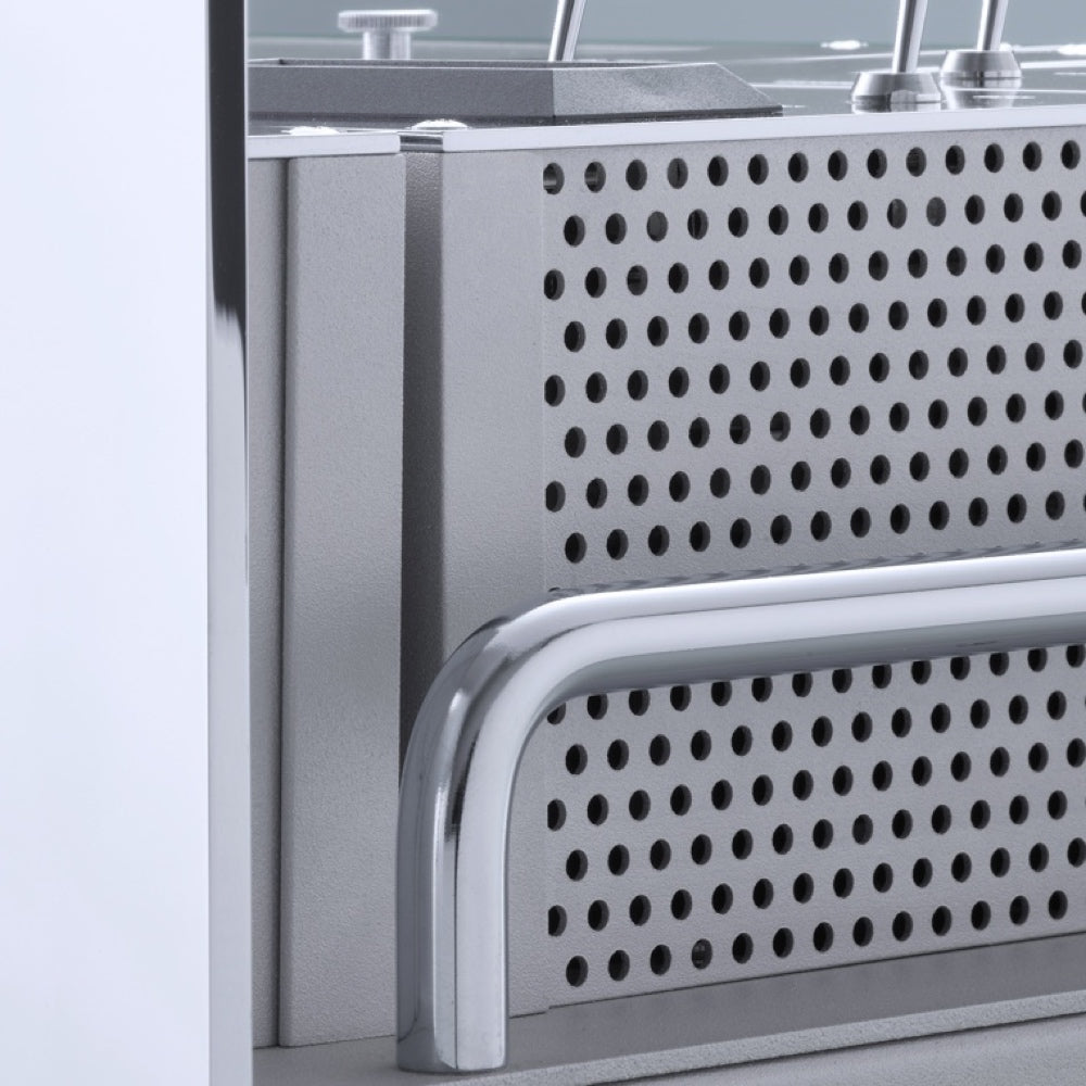 A closeup view of a silver Burmester 808 MK 5 Reference Line Preamplifier - Hi-Fi Centre.