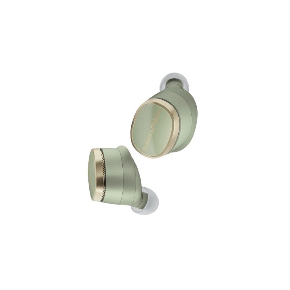 A pair of Bowers & Wilkins Pi8 True Wireless In-Ear Headphones in jade green color.