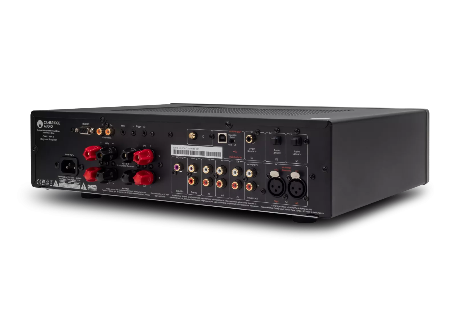 Back view of a Cambridge Audio CXA81 MKII Integrated Amplifier with various connectors on a white background