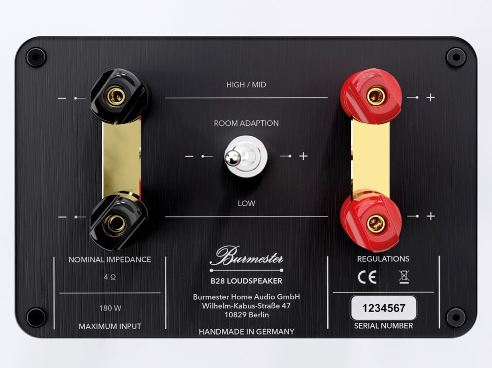 A closeup on a Burmester B28 Classic Line floor-standing speakers controls - HiFi Centre.