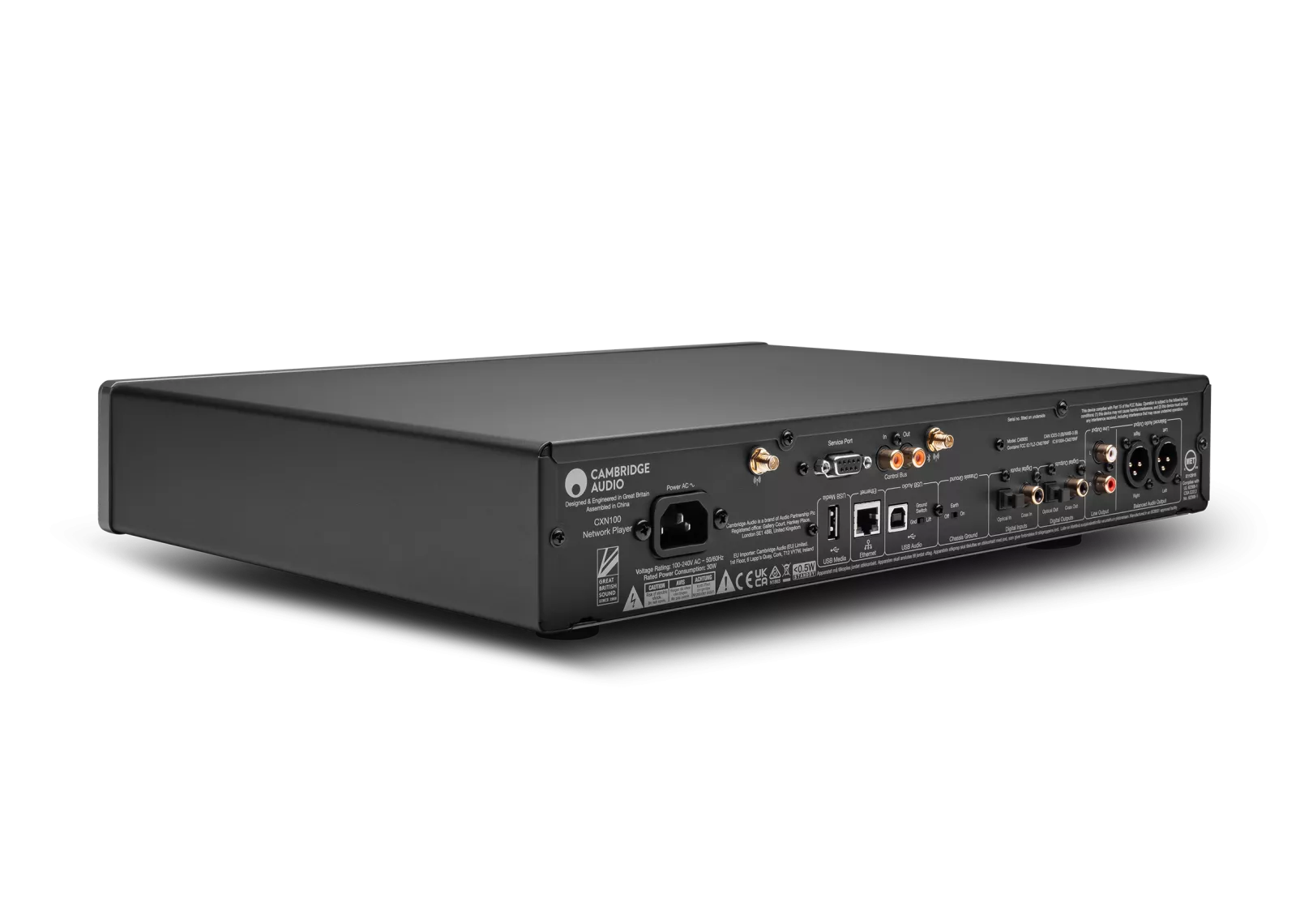 Back view of a Cambridge Audio CXN100 Network Streaming Player with multiple ports on a white background