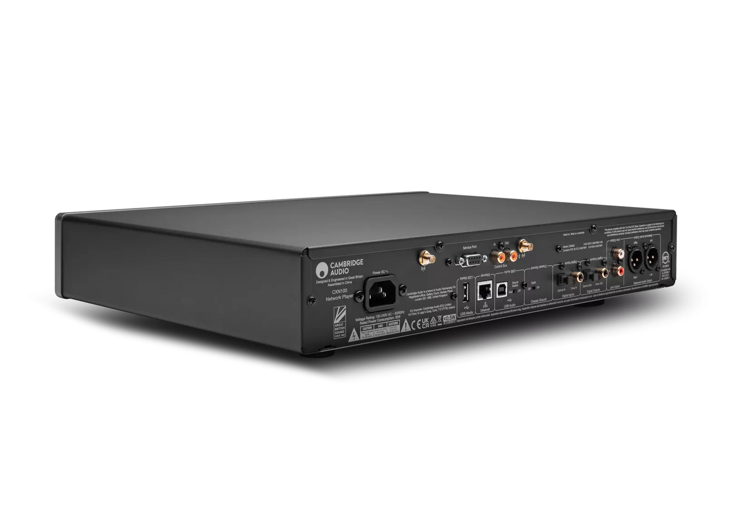 Back view of a Cambridge Audio CXN100 Network Streaming Player with multiple ports on a white background