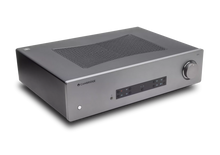 Silver audio amplifier with 'Cambridge' branding on a white background