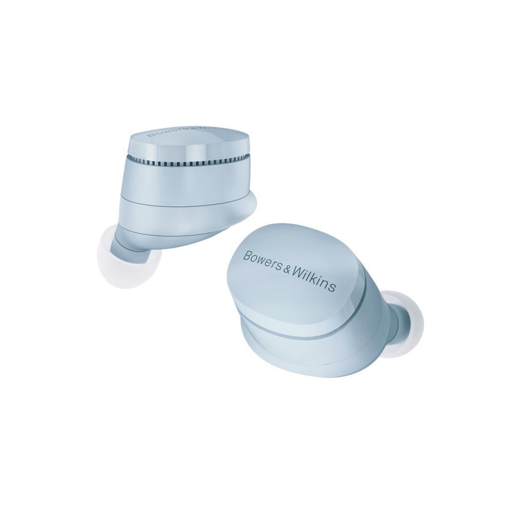 A pair of glacier blue B&W Pi6 True Wireless In-Ear Headphones - Hi-Fi Centre.