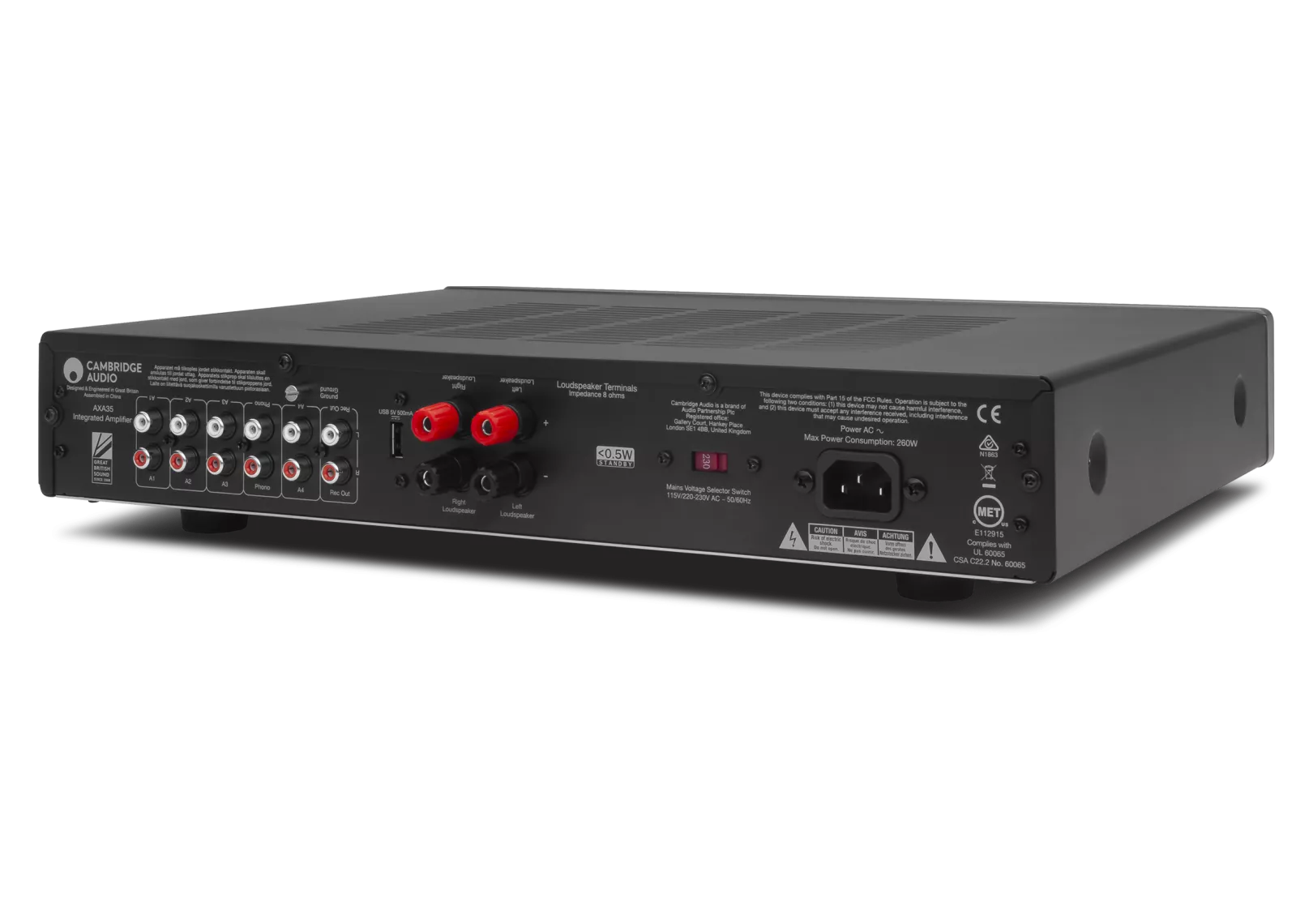 Back view of a black Cambridge Audio AXA35 Integrated Amplifier with various connectors on a white background