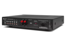 Back view of a black Cambridge Audio AXA35 Integrated Amplifier with various connectors on a white background