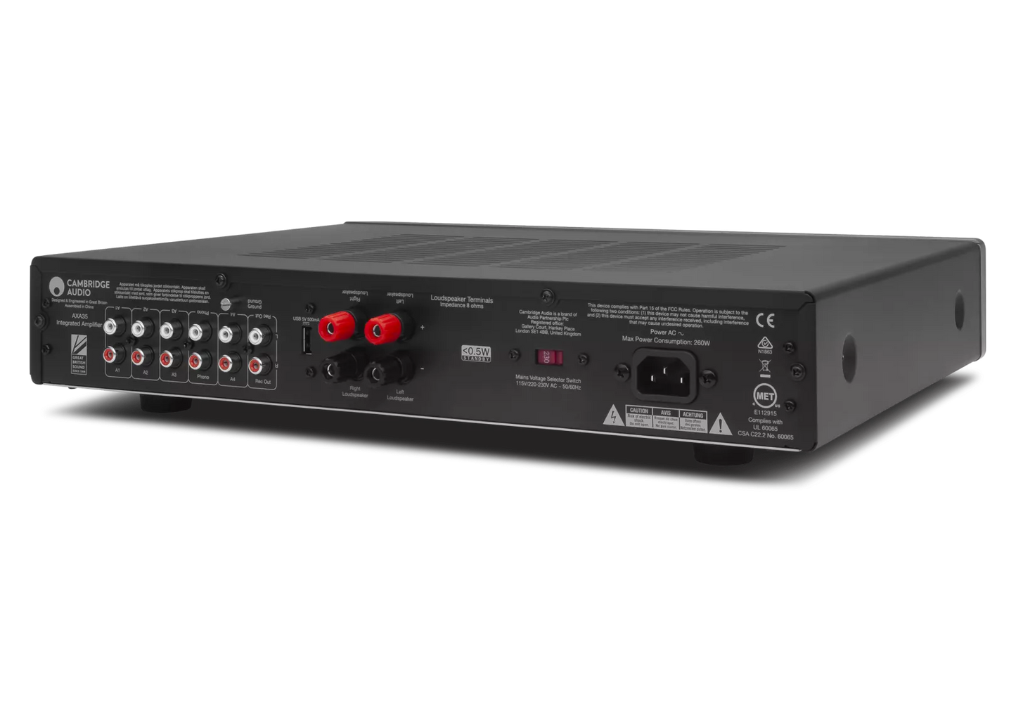 Back view of a black Cambridge Audio AXA35 Integrated Amplifier with various connectors on a white background