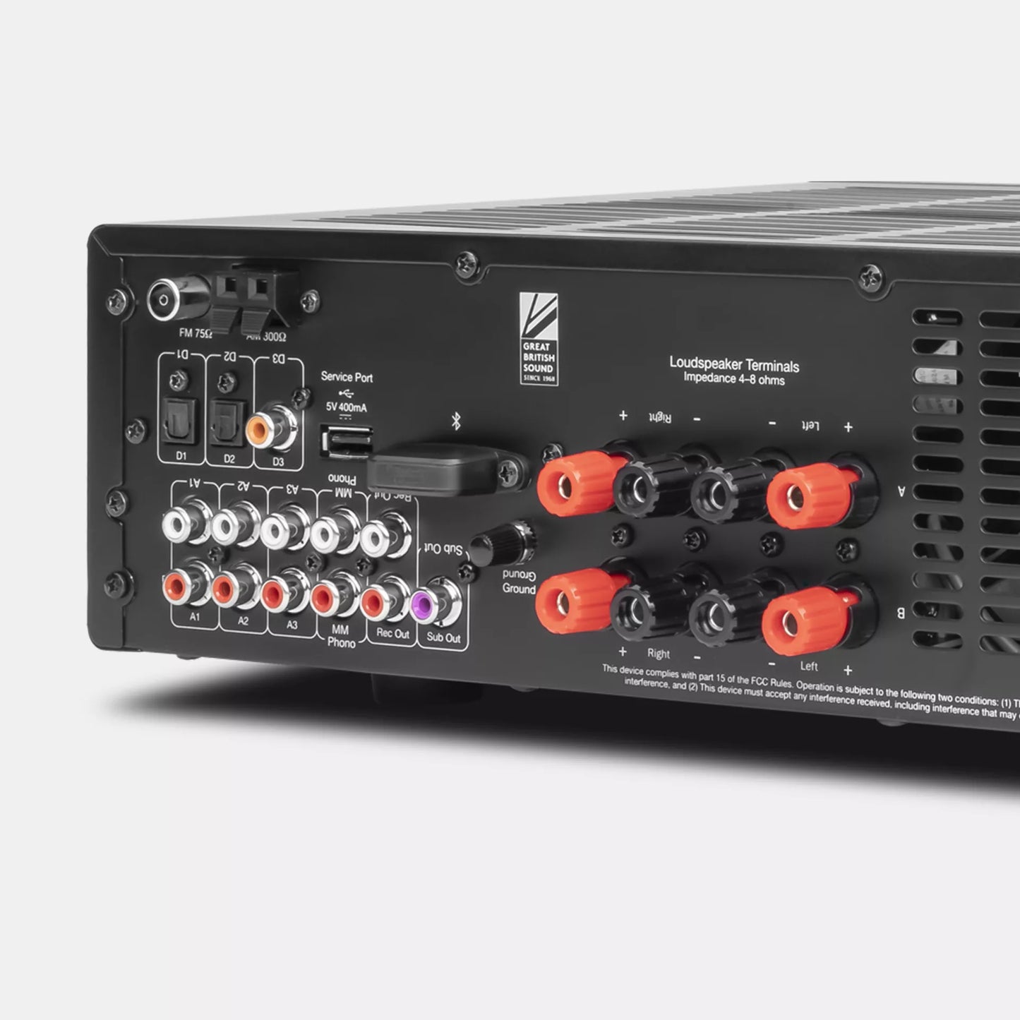 Back view of a Cambridge Audio AXR100 Stereo Receiver with various connectors on a white background