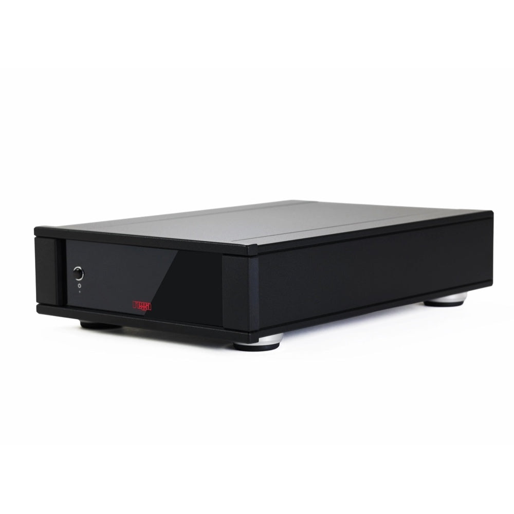 Black electronic Rega Aos MC Phono Preamp with a glossy finish on a white background