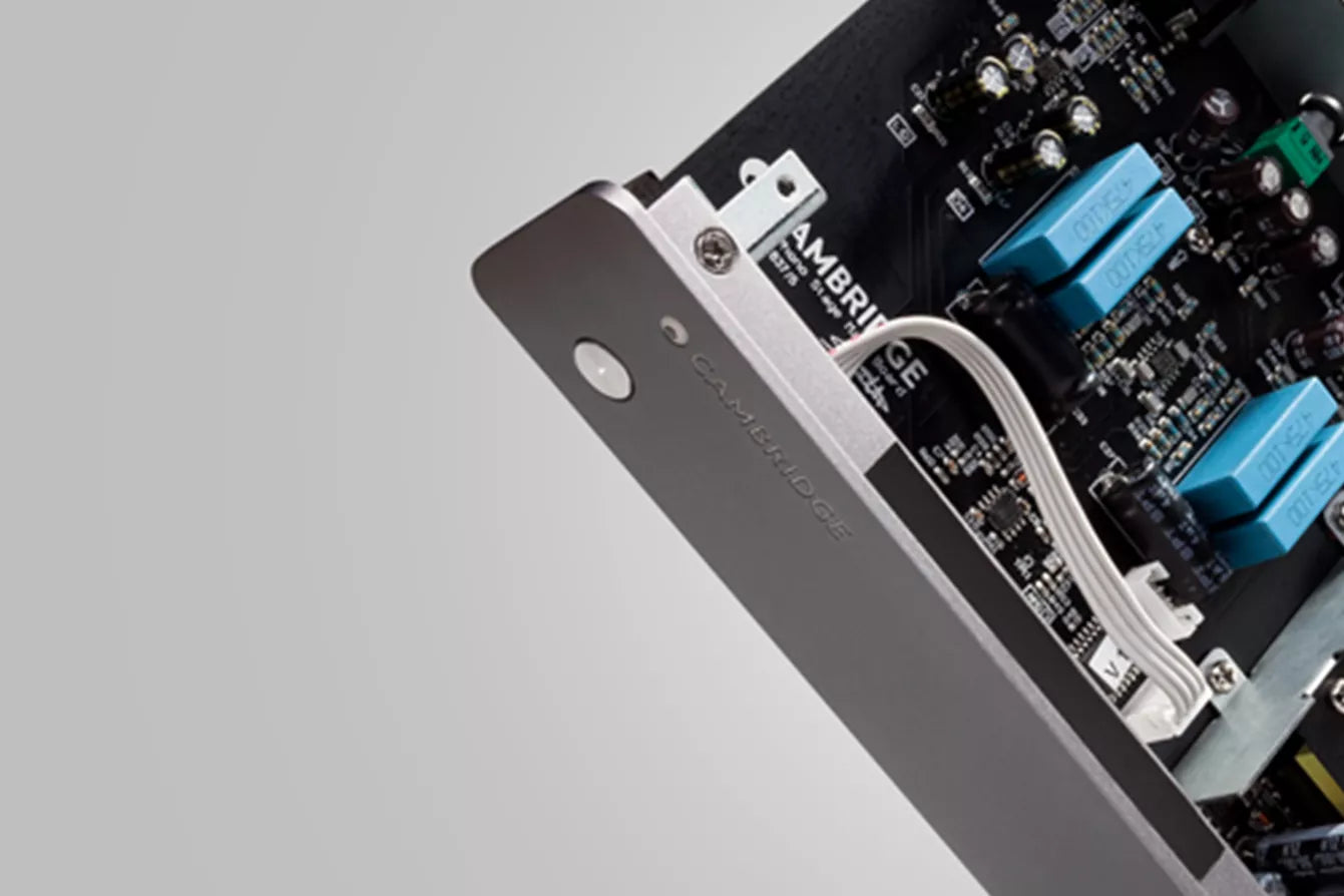 Close-up of a Cambridge Audio SOLO MM Phono Stage motherboard with visible branding on a gray background