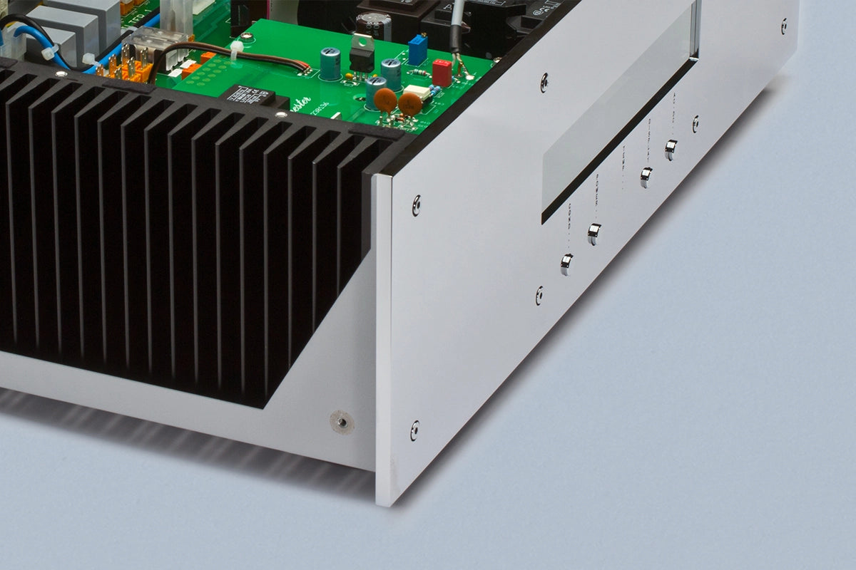 A closeup on a silver Burmester 948 Power Line Conditioner with a front panel display - HiFi Centre.