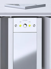 A closeup of a power button of a silver Burmester 956 MK2 Classic Line Power Amplifier - HiFi Centre.