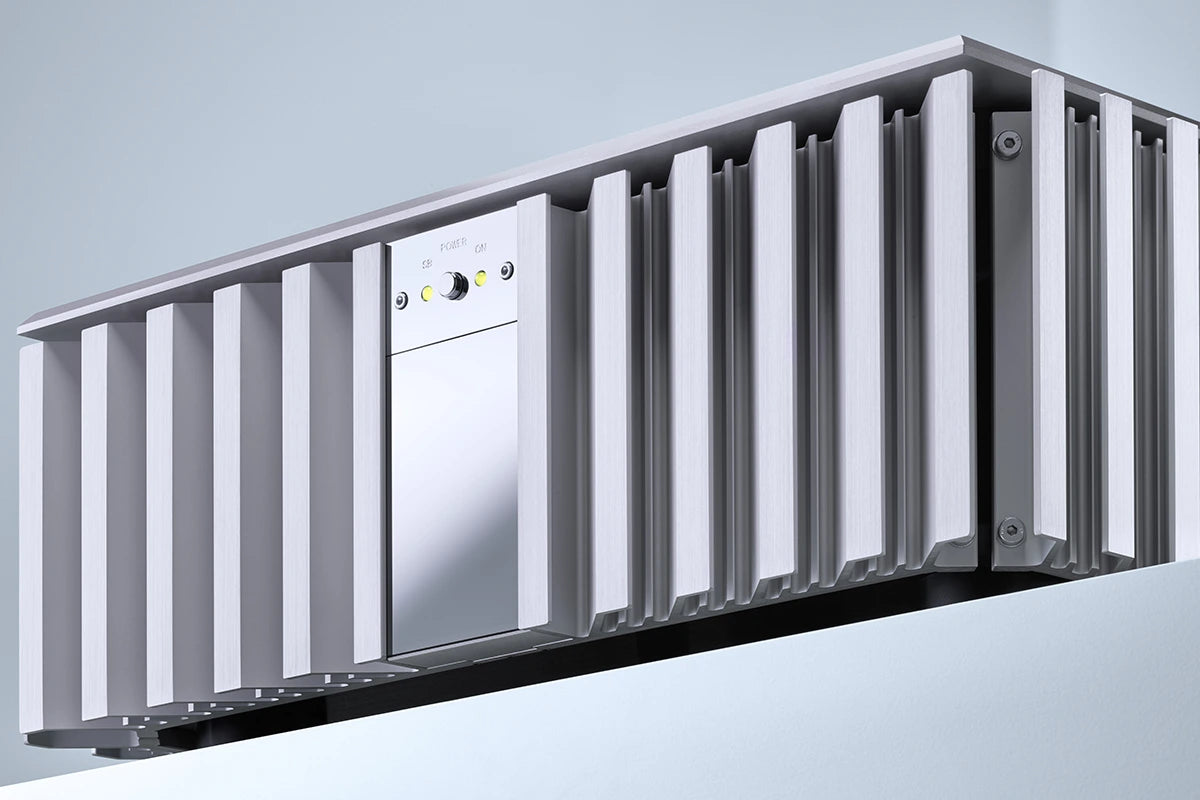 A closeup of silver Burmester 956 MK2 Classic Line Power Amplifier on a light gray background - HiFi Centre.