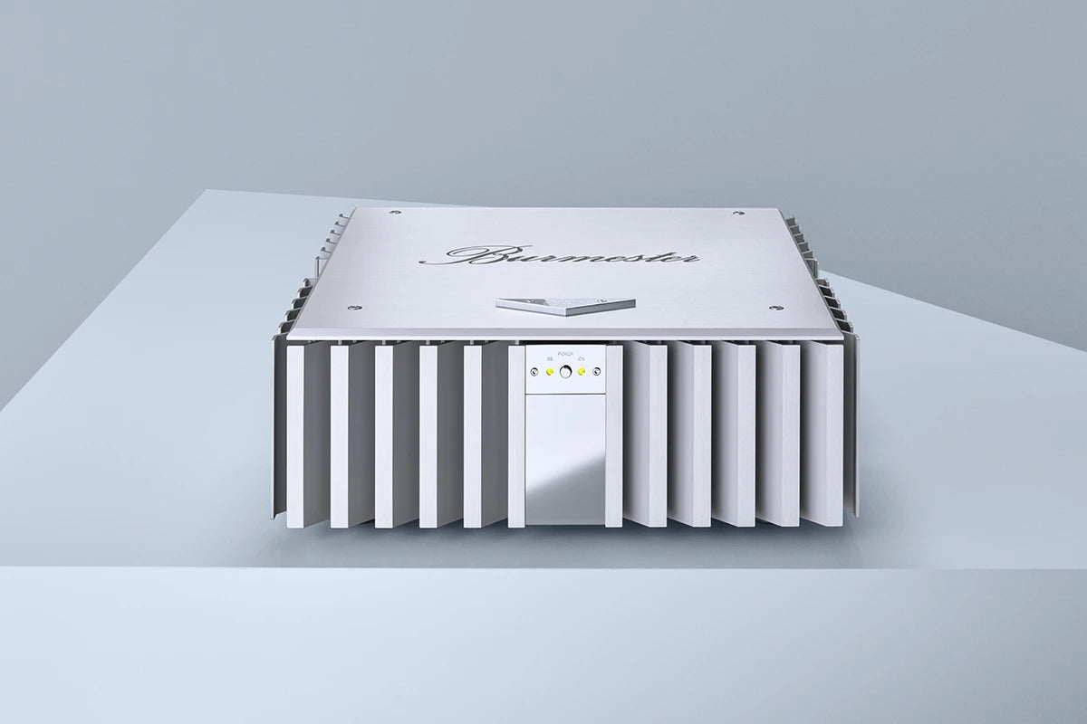 Silver  Burmester 956 MK2 Classic Line Power Amplifier with 'Burmester' branding on a gray background - HiFi Centre.