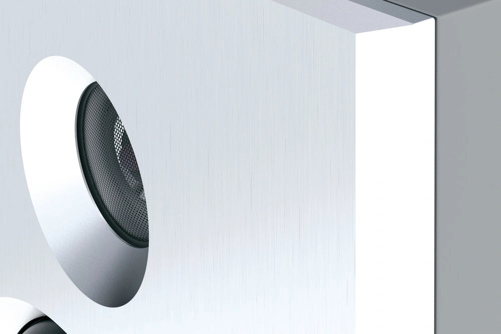 White Burmester B18 Floor Standing Speaker with a black mesh component on a light gray background - HiFi Centre.