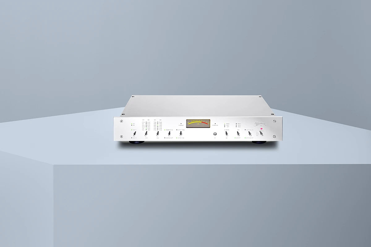 Silver Burmester 100 Top Line Phono Preamplifier on a gray background