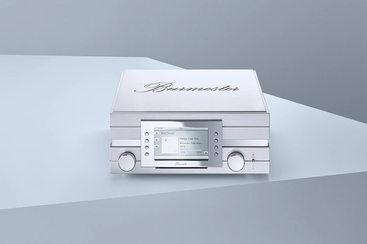 Silver  Burmester 111 Reference Line Music Center with 'Burmester' branding on a gray background.