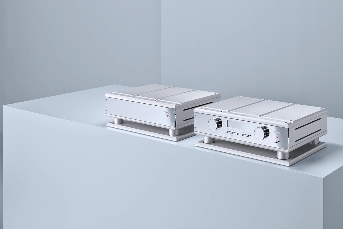 Burmester 077 Reference Line Preamplifier on a light gray surface with a light gray background.