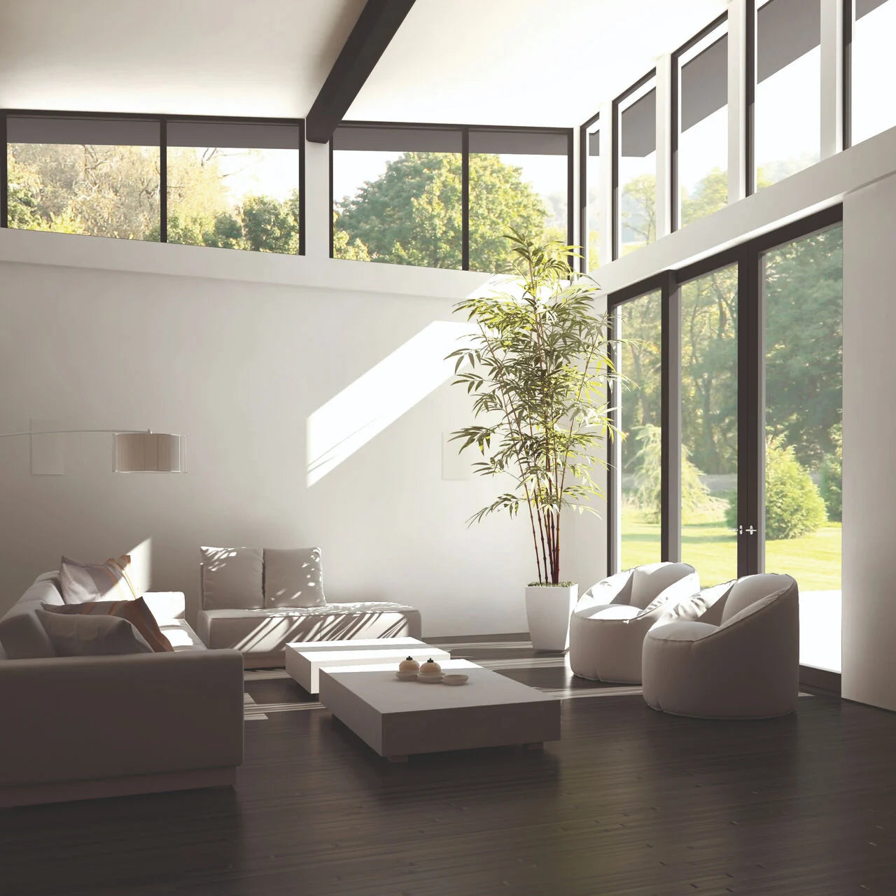 A pair of B&W CWM652 2 Way in- Wall Speakers in a ultra modern living room.