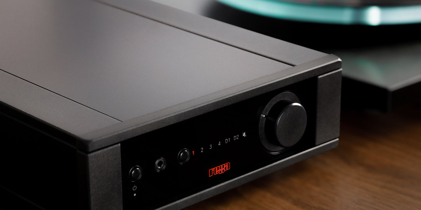 A Rega Brio Mk7 Integrated Amplifier on a shelf