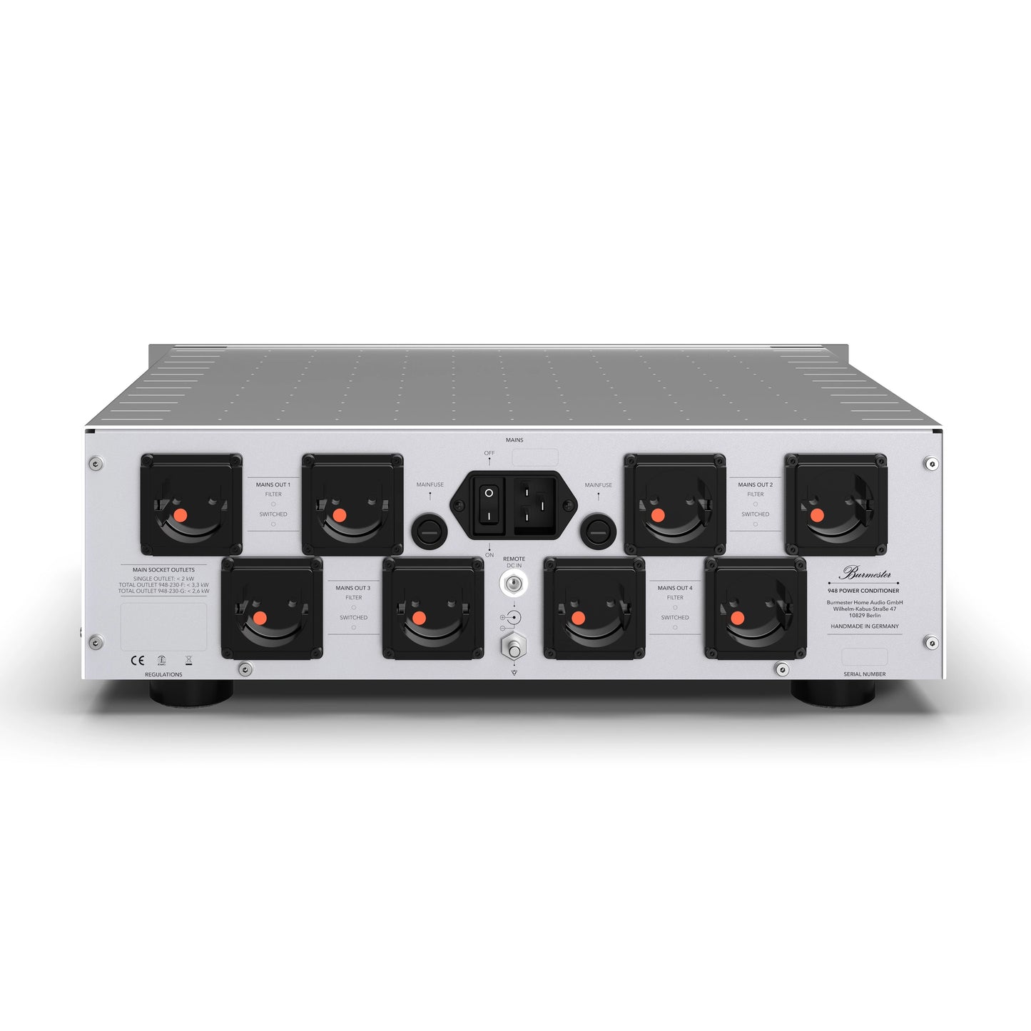 A back side of a silver Burmester 948 Power Line Conditioner with multiple outlets - HiFi Centre.