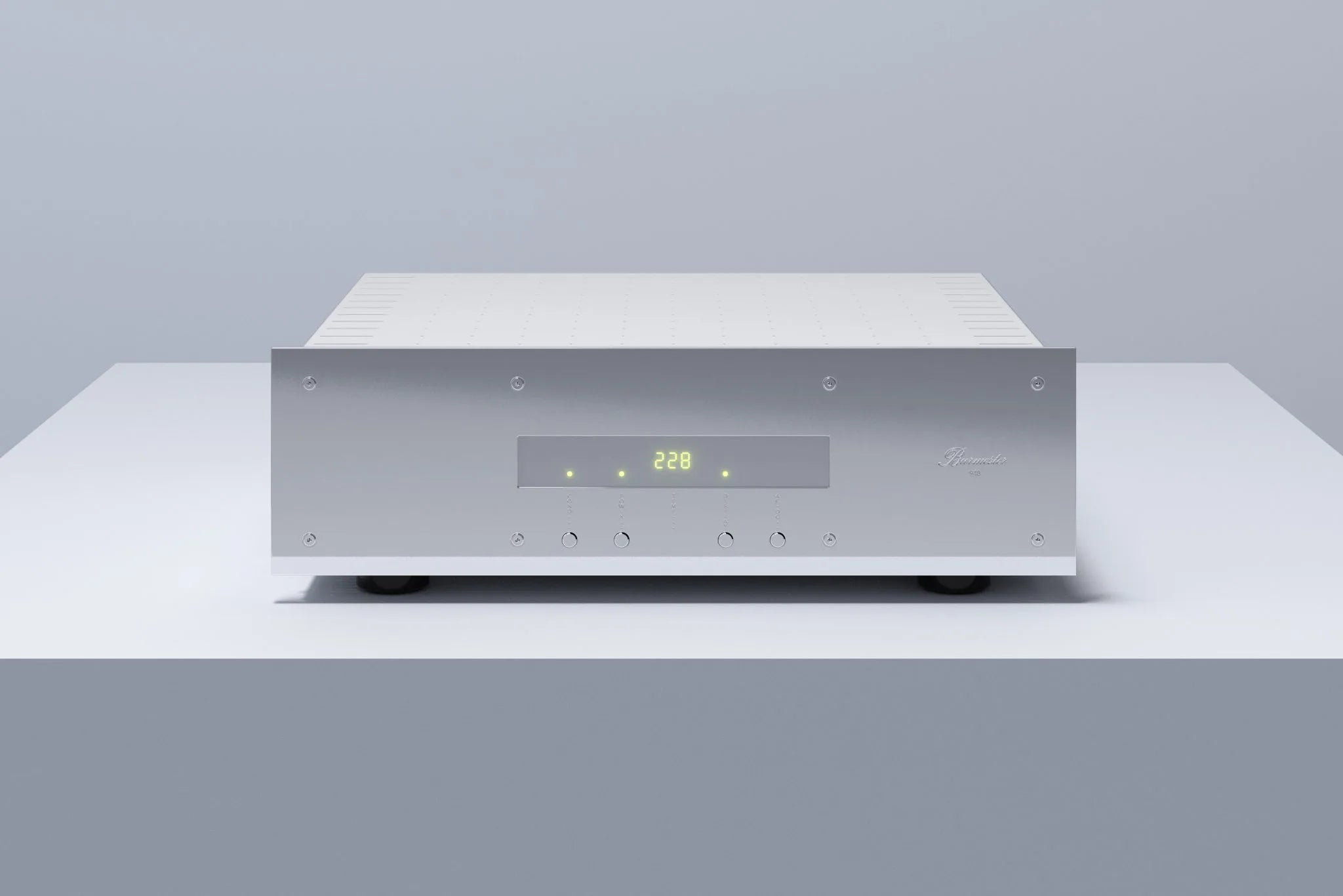 A silver Burmester 948 Power Line Conditioner with a front panel display and multiple outlets on the back panel against a gray background - HiFi Centre.