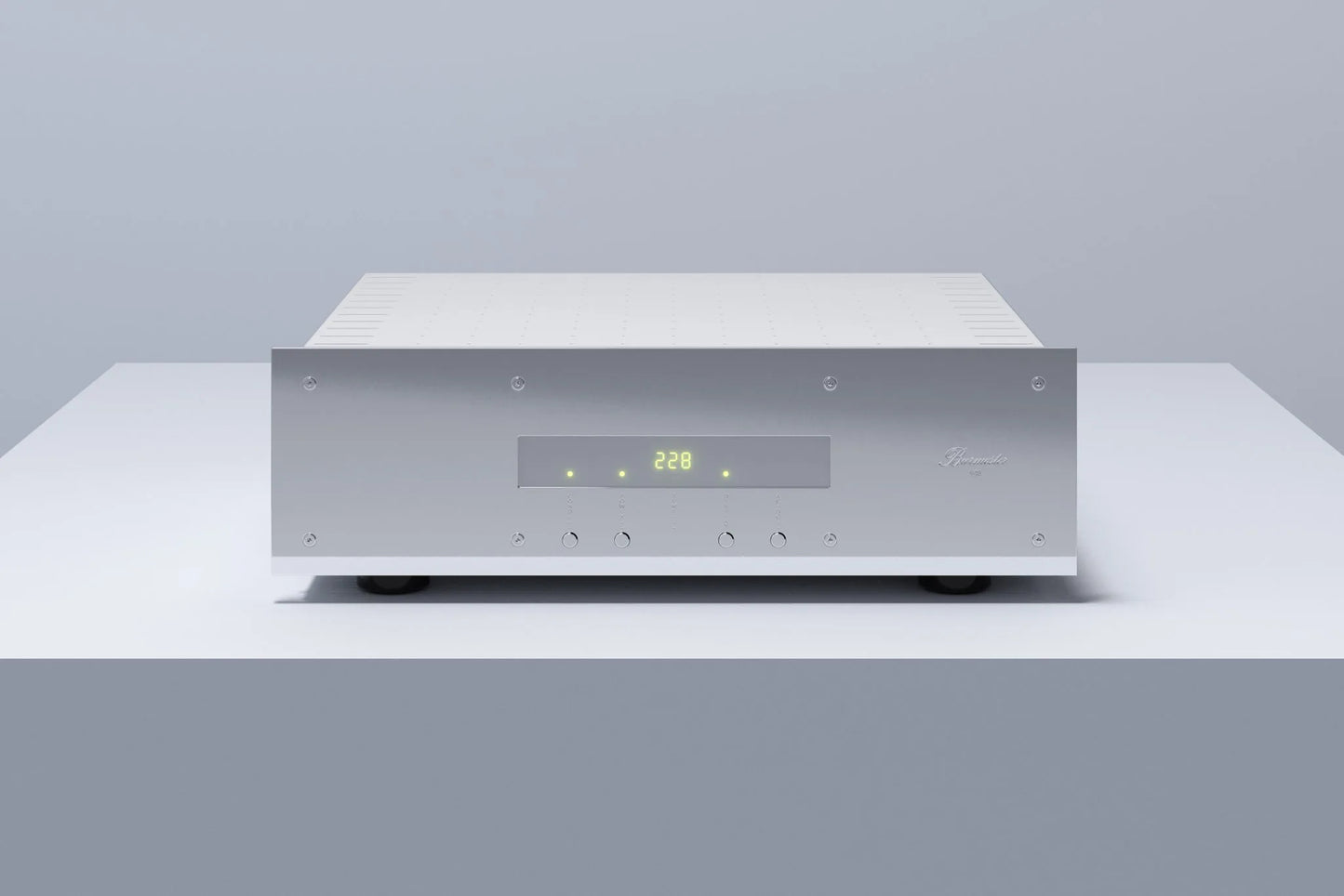 A silver Burmester 948 Power Line Conditioner with a front panel display and multiple outlets on the back panel against a gray background - HiFi Centre.