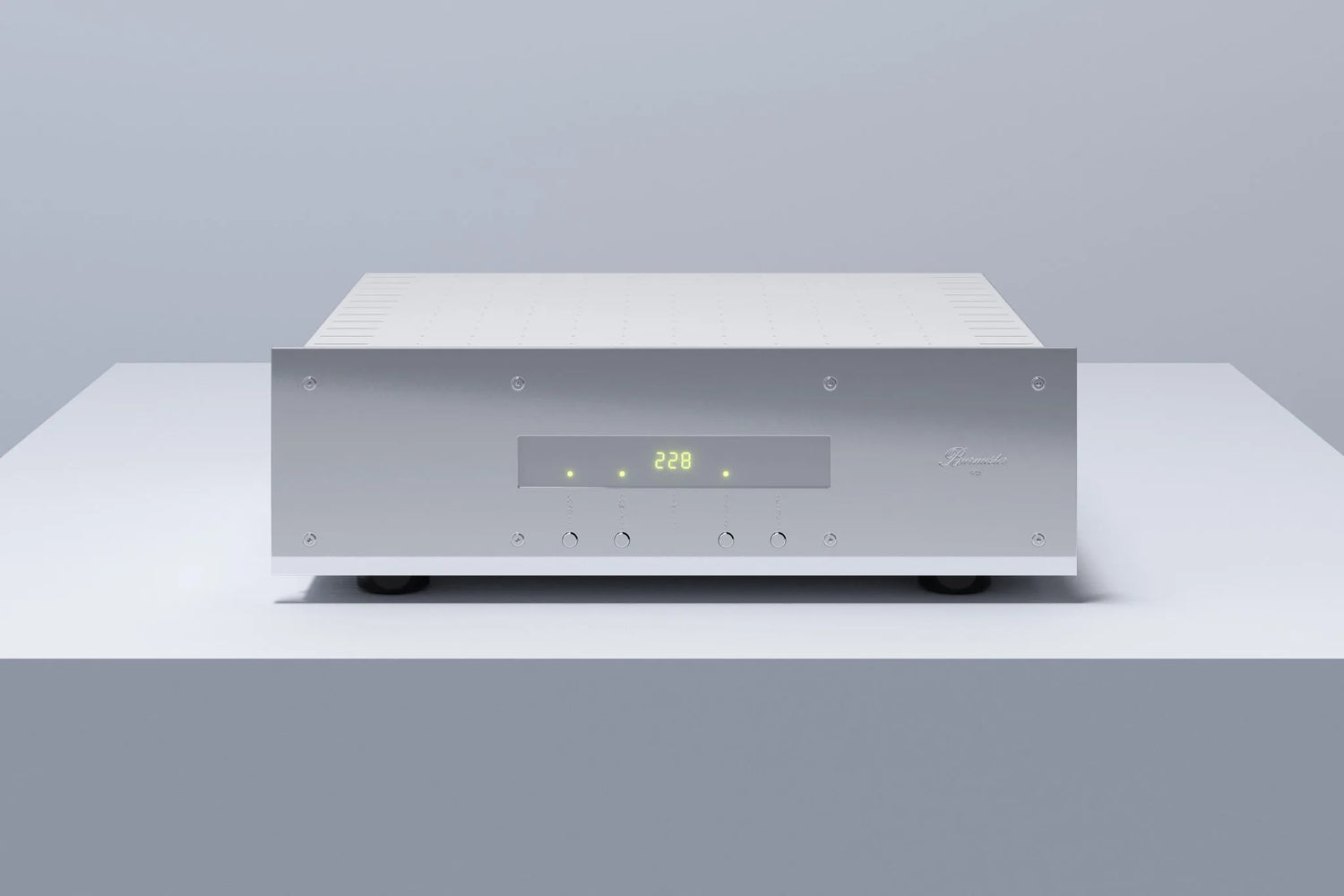 A silver Burmester 948 Power Line Conditioner with a front panel display and multiple outlets on the back panel against a gray background - HiFi Centre.