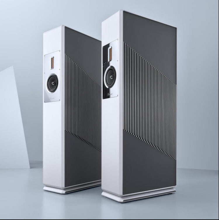 Two modern Burmester BC150 Reference Line speakers on a light gray background - HiFi Centre.