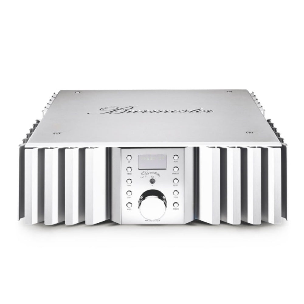 A silver Burmester 032 Classic Line Integrated Amplifier with control knobs and connection ports visible on the front panel - Hi-Fi Centre.