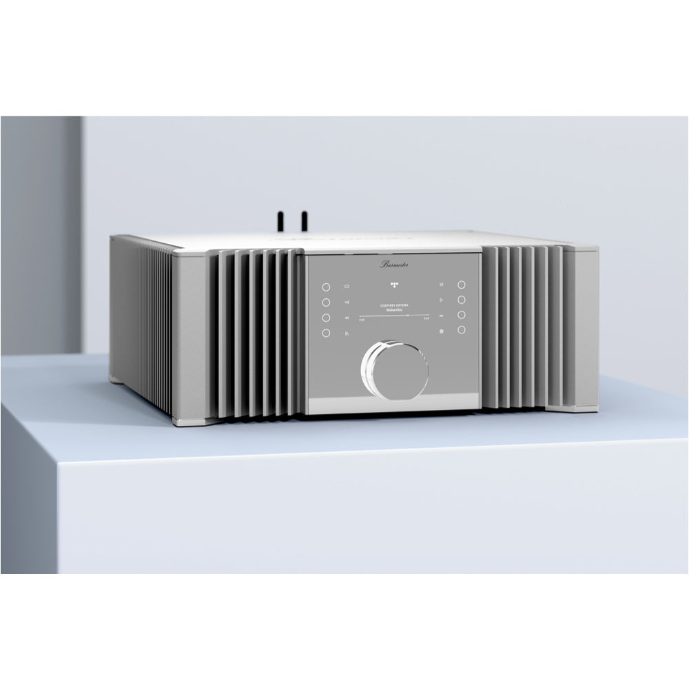 A silver Burmester 232 Classis Line integrated amplifier with a minimalist front panel featuring a central knob and digital display - HiFi Centre.